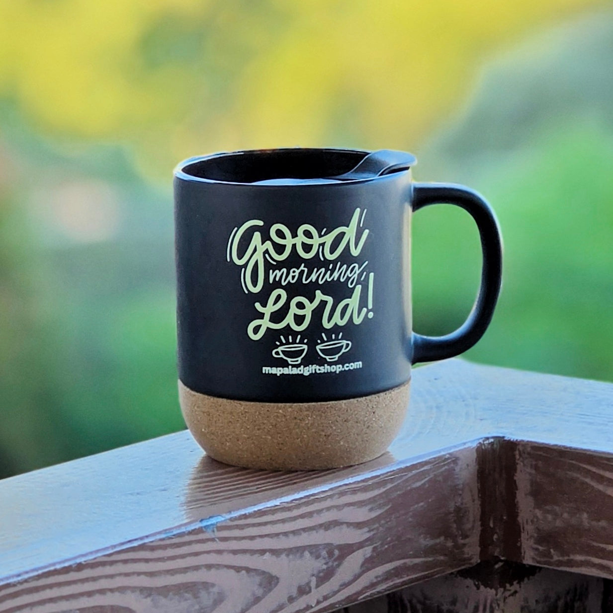 Good Morning Lord! Ceramic Mug With Lid & Cork Base