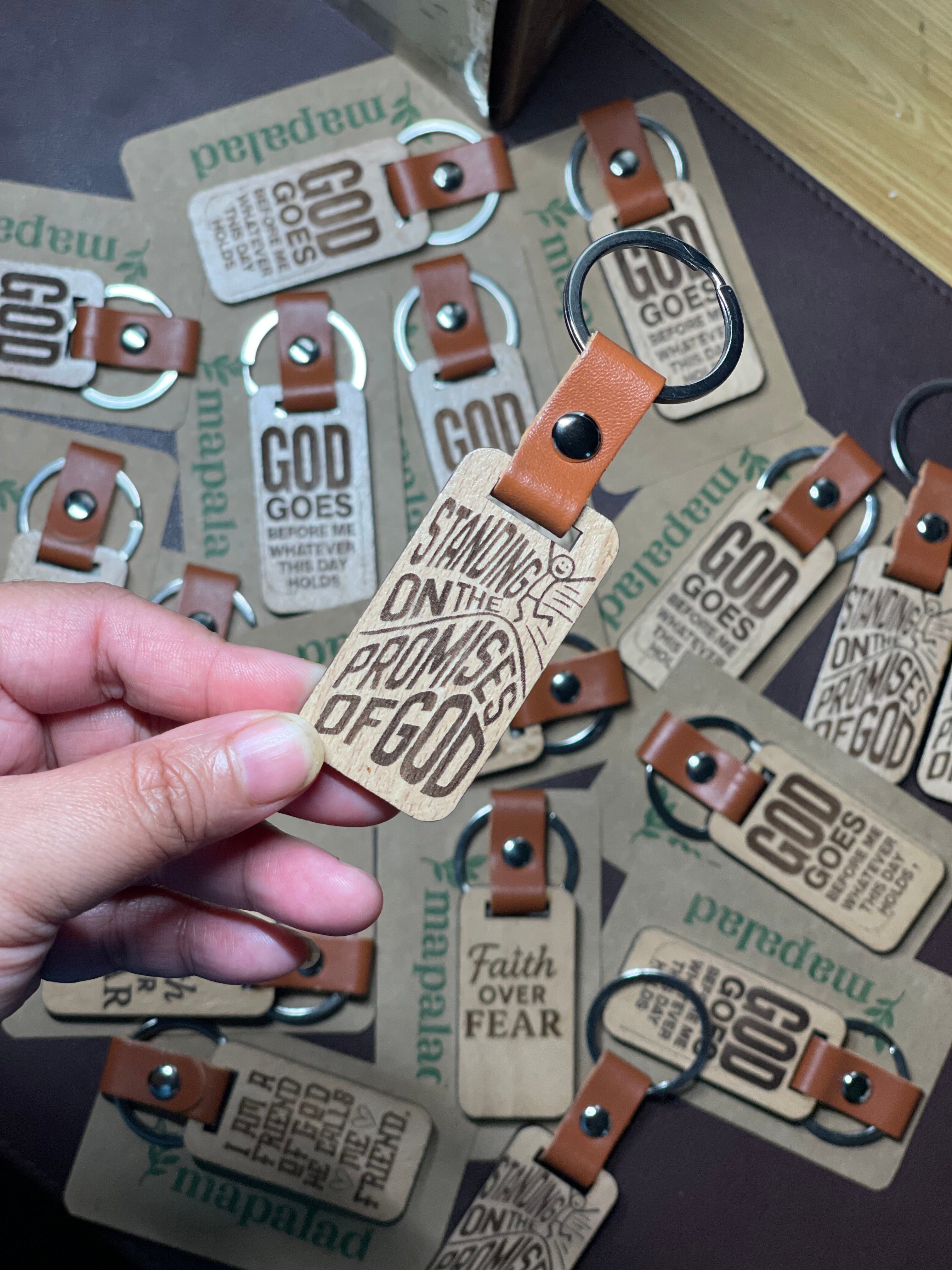 Standing On The Promises Wooden Keychain in Leather Strap