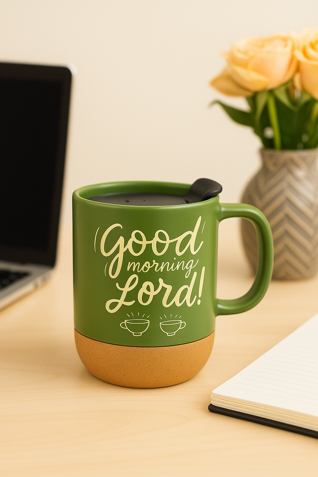 Good Morning Lord! Ceramic Mug With Lid & Cork Base