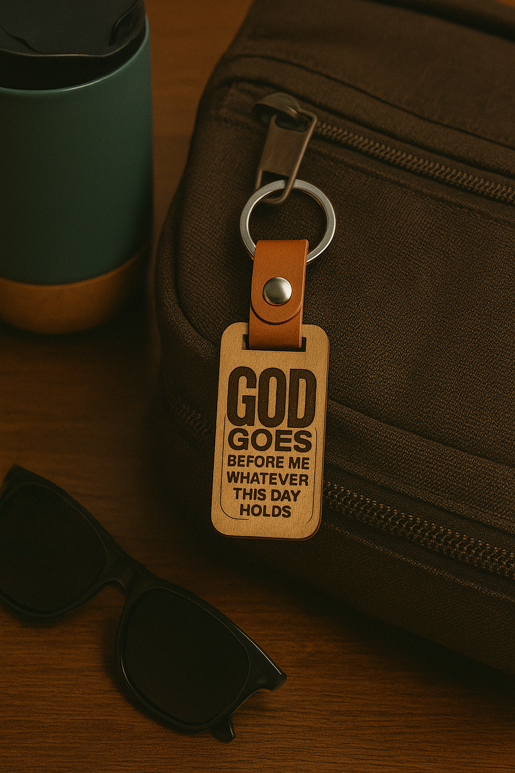 God Goes Before Me Wooden Keychain in Leather Strap
