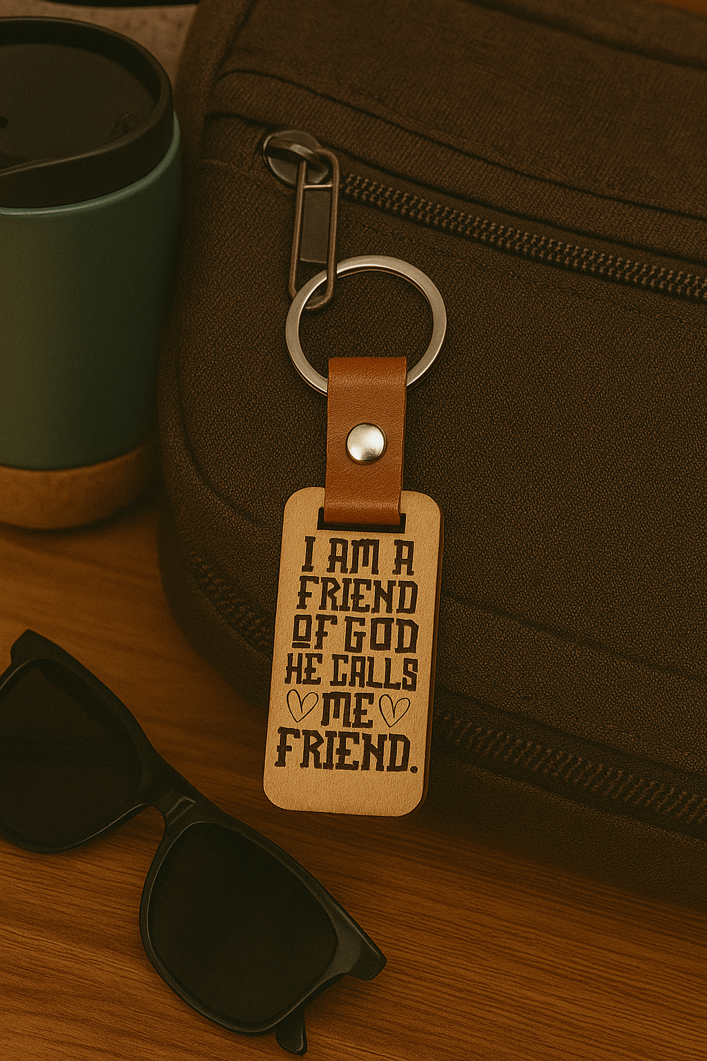 Friend of God Wooden Keychain in Leather strap