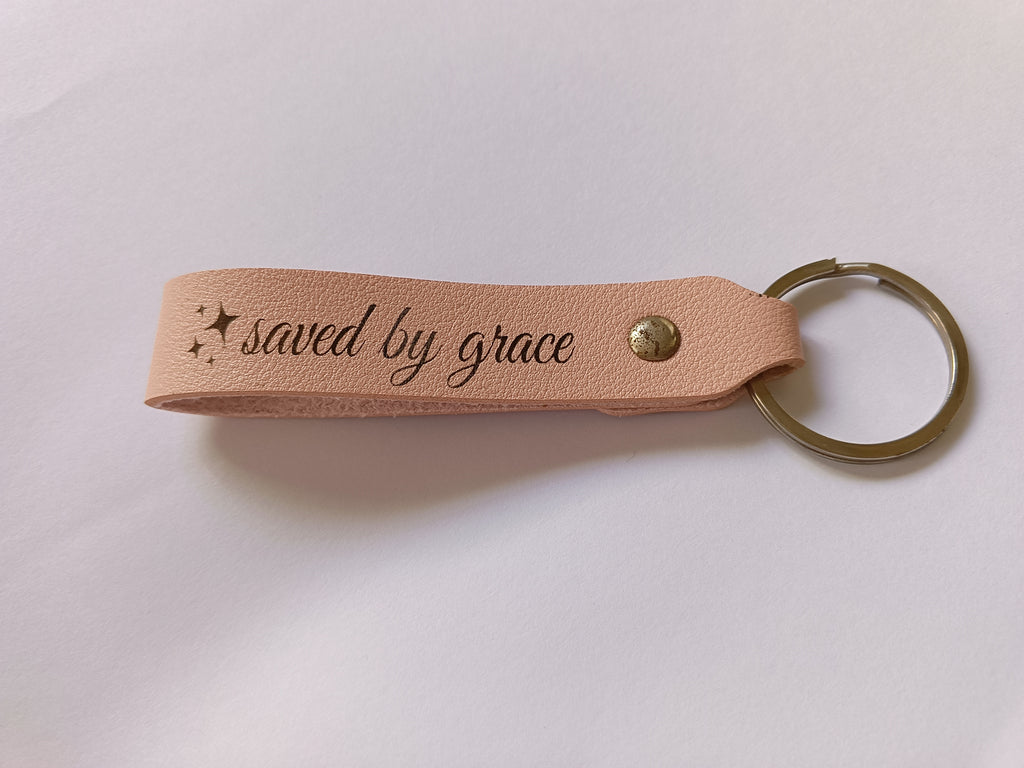 Saved by Grace leather keychain